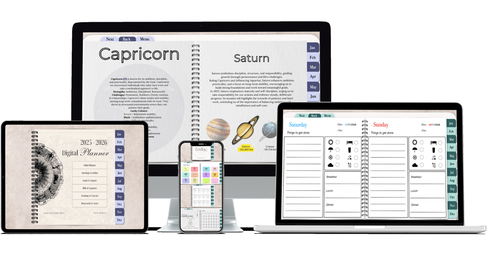 Front view of a digital planner from Magic Innovation Arts displayed on multiple Apple devices.