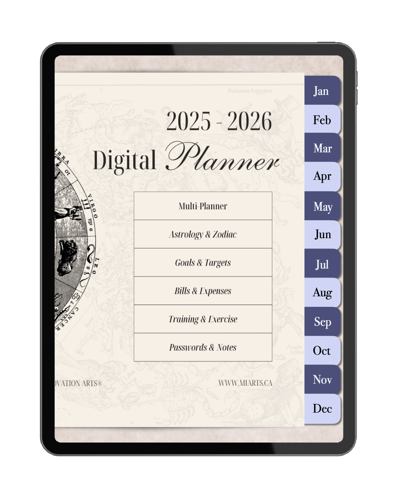 Product showcase of Magic Innovation Arts digital planner displayed on an iPad screen.